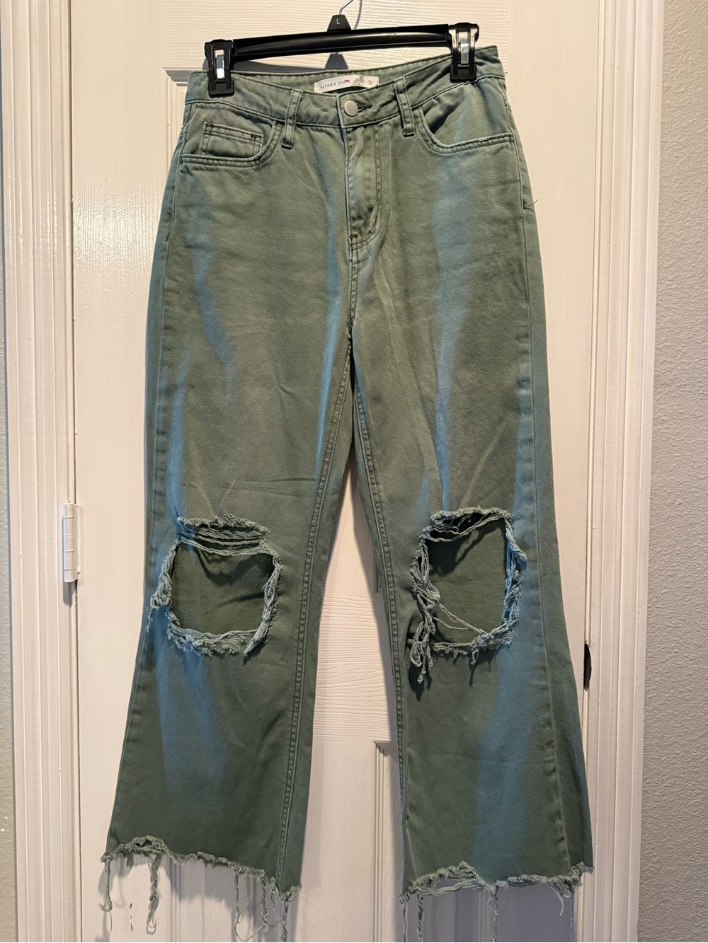 Altar’d State Olive Green High Rise Distressed Wide Leg Jeans Raw Hem